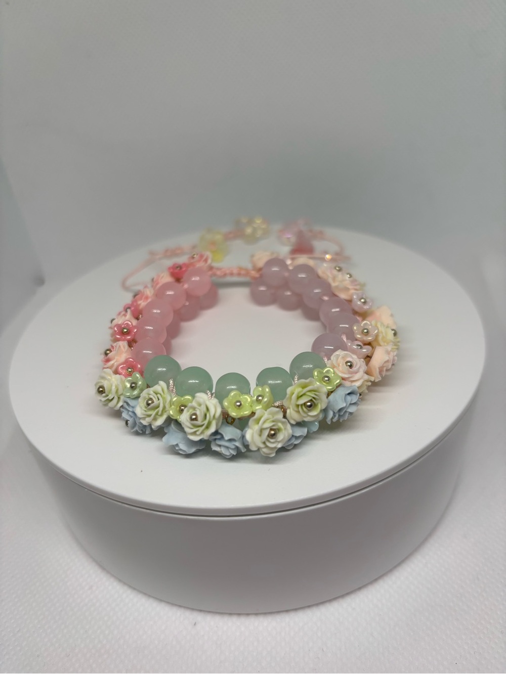 Hand crafted one of a kind Pastel Floral Beaded Bracelet - Pink, Mint & Lavender
